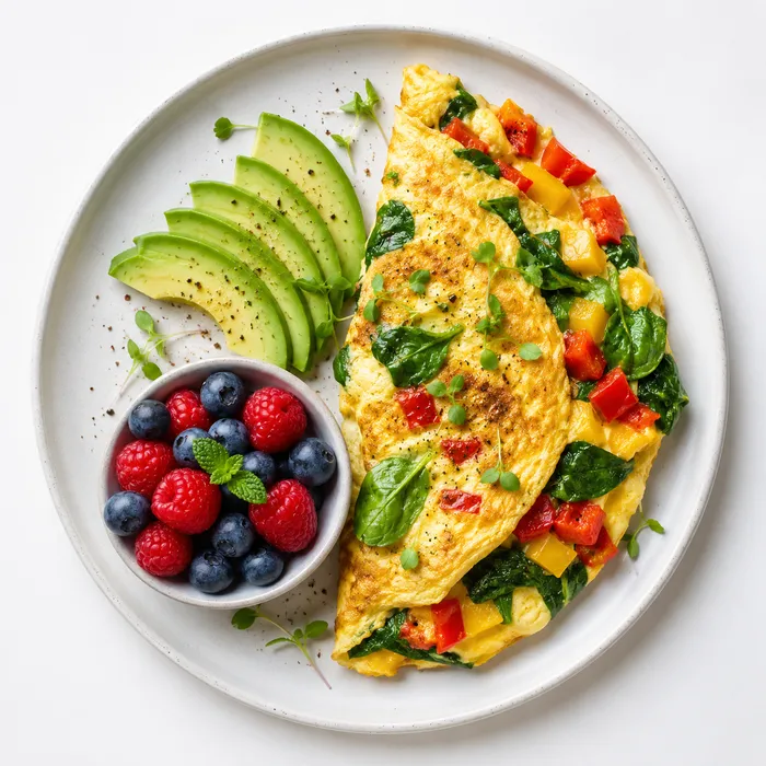 Veggie omelette with avocado and berries