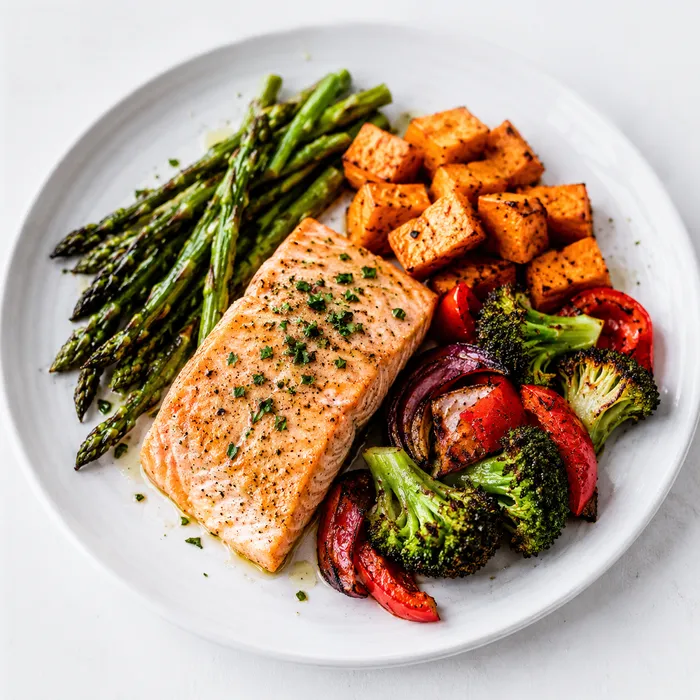 Salmon with asparagus and roasted vegetables
