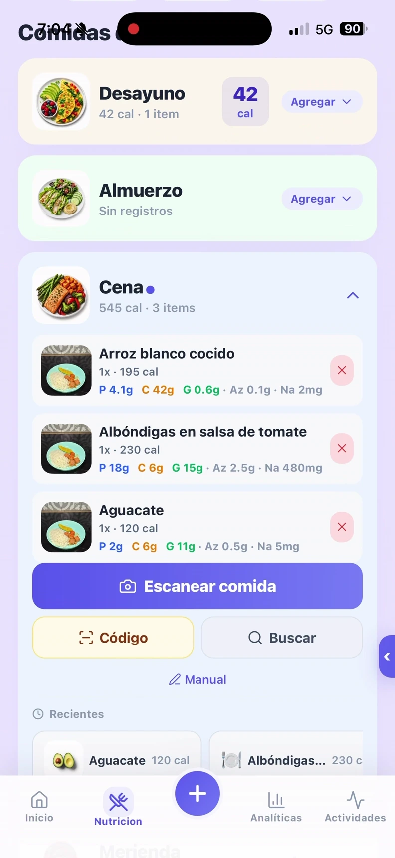 Los tres alimentos añadidos al registro de cena