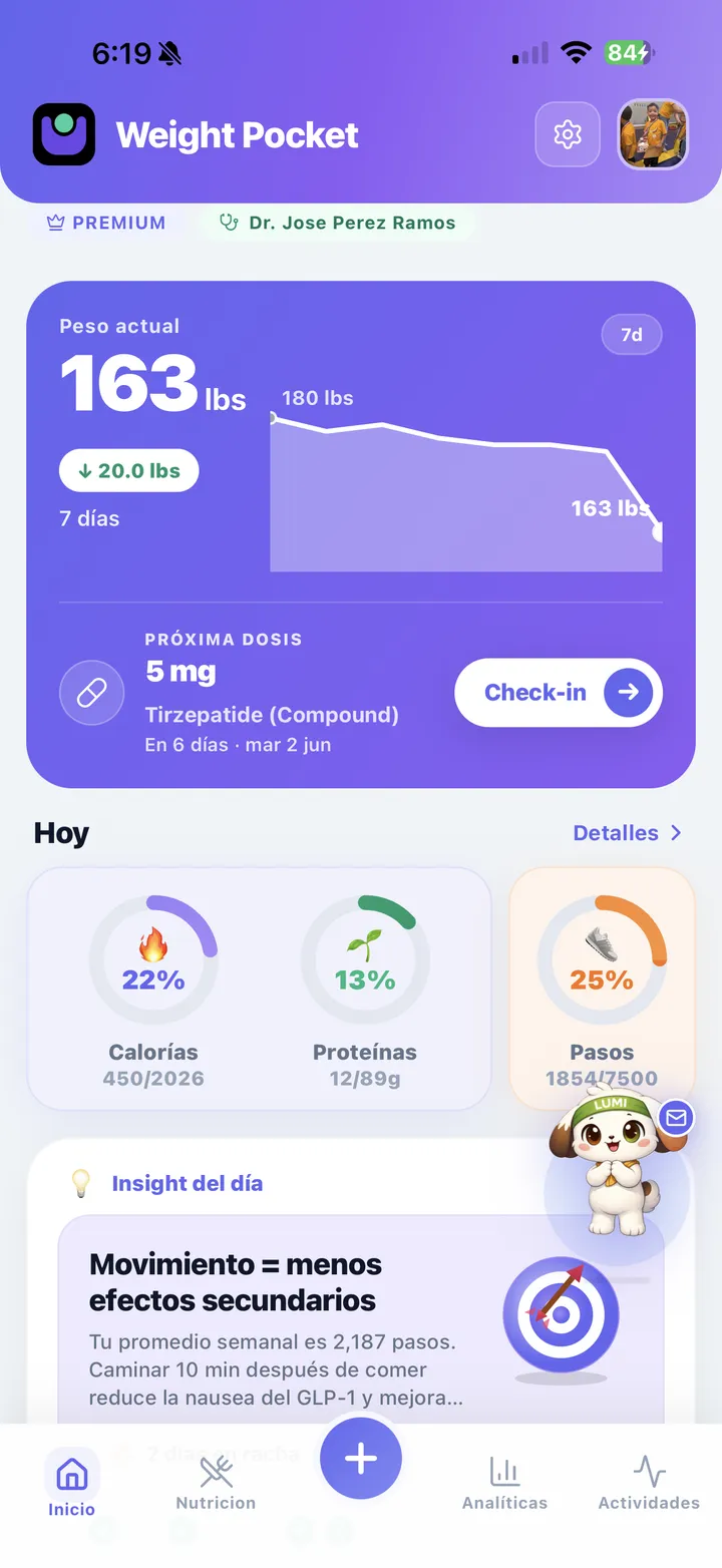 Weight Pocket dashboard — weight trend, next GLP-1 dose, daily nutrition and an AI insight
